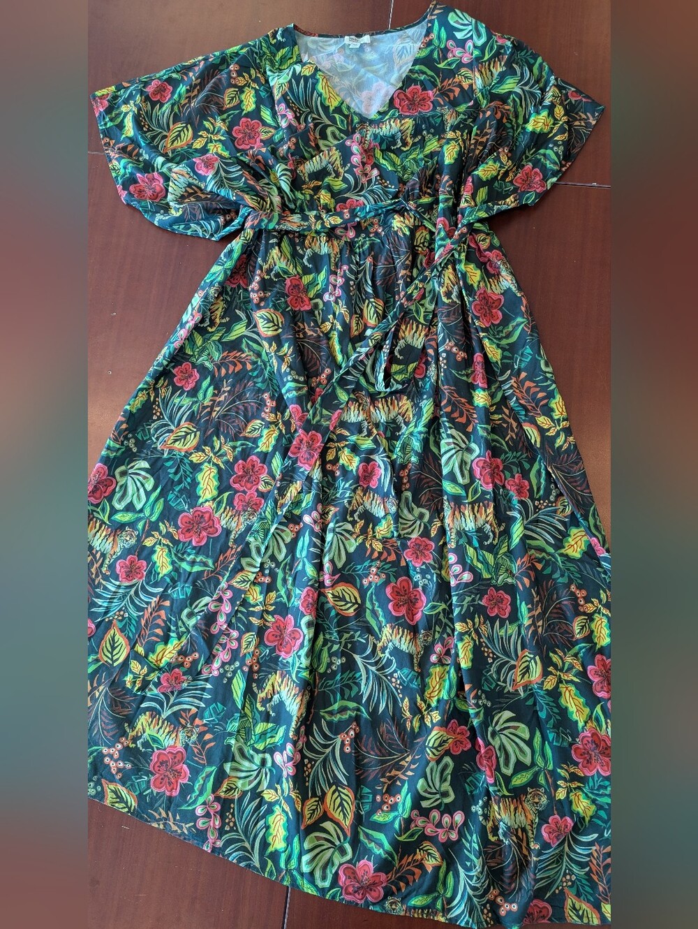 Unique Vintage Caftan Maxi Tropical Jungle Print Dress, "O/S Plus" (Adjustable)